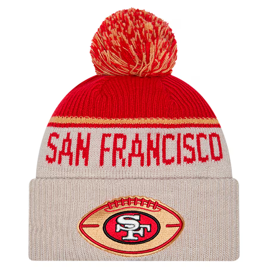 SAN FRANCISCO 49ERS 2024 NFL HISTORIC SIDELINE CUFFED KNIT BEANIE WITH POM - STONE/RED