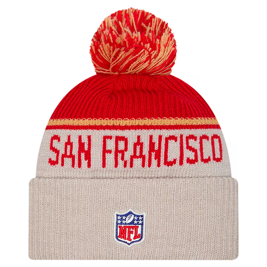 SAN FRANCISCO 49ERS 2024 NFL HISTORIC SIDELINE CUFFED KNIT BEANIE WITH POM - STONE/RED