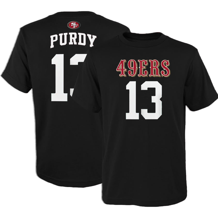 SAN FRANCISCO 49ERS BROCK PURDY YOUTH MAINLINER PLAYER NAME & NUMBER T-SHIRT - BLACK