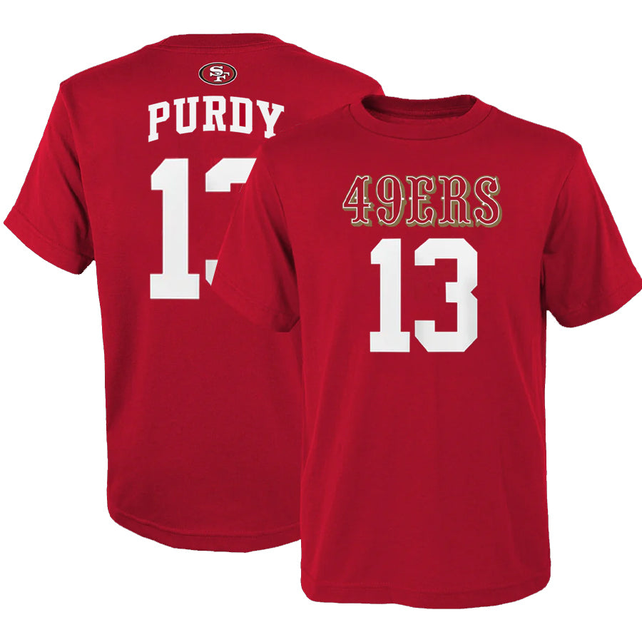 SAN FRANCISCO 49ERS BROCK PURDY YOUTH MAINLINER PLAYER NAME & NUMBER T-SHIRT - RED