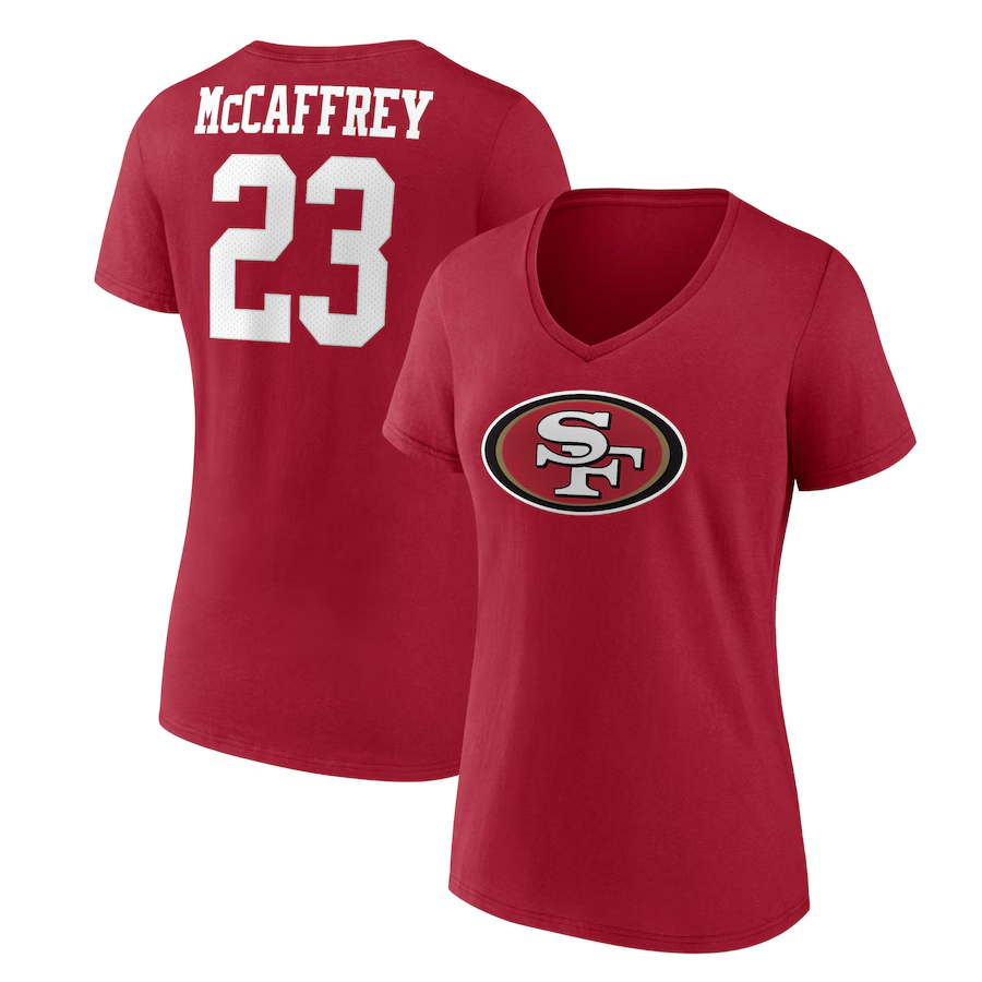 SAN FRANCISCO 49ERS CHRISTIAN MCCAFFREY WOMEN'S PLAYER ICON NAME & NUMBER T-SHIRT T-SHIRT