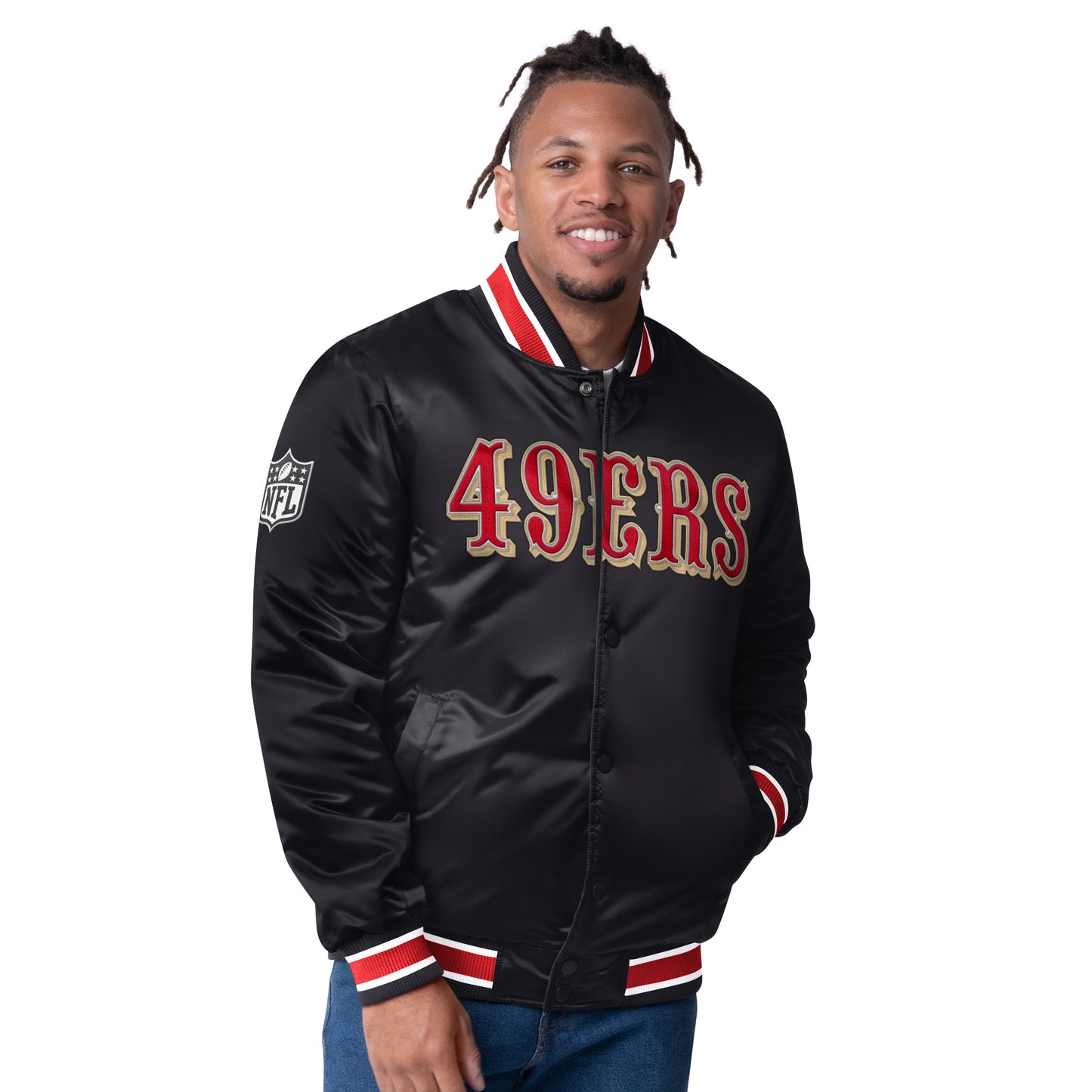 SAN FRANCISCO 49ERS MEN'S STARTER CLOSER REVERSIBLE SATIN JACKET