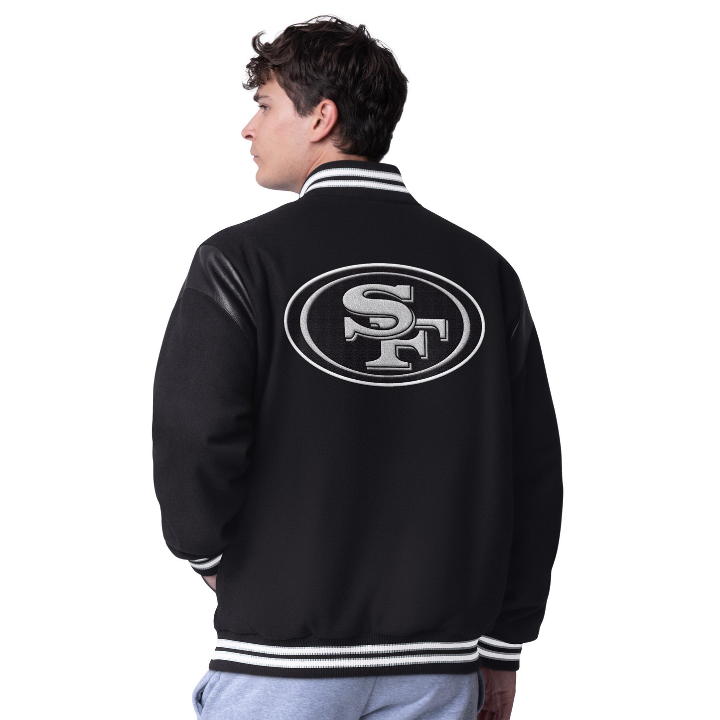 SAN FRANCISCO 49ERS MEN'S CLUTCH HITTER VARSITY JACKET - BLACK