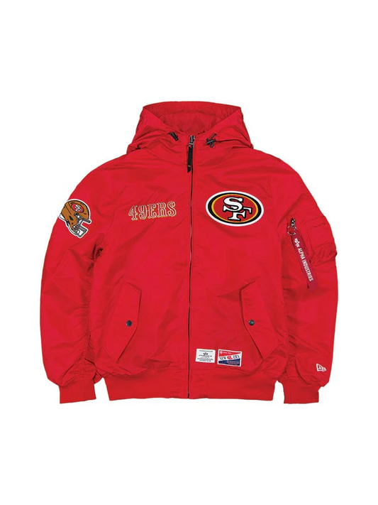 SAN FRANCISCO 49ERS MEN'S NEWERA X ALPHA INDUSTRIES L-2B  HOODED BOMBER JACKET - RED