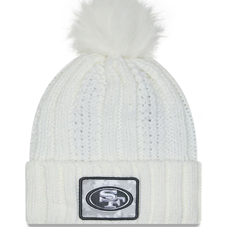 SAN FRANCISCO 49ERS WOMEN'S 2024 NFL SALUTE TO SERVICE CUFFED KNIT BEANIE WITH POM - ARTIC WHITE/GRAPHITE