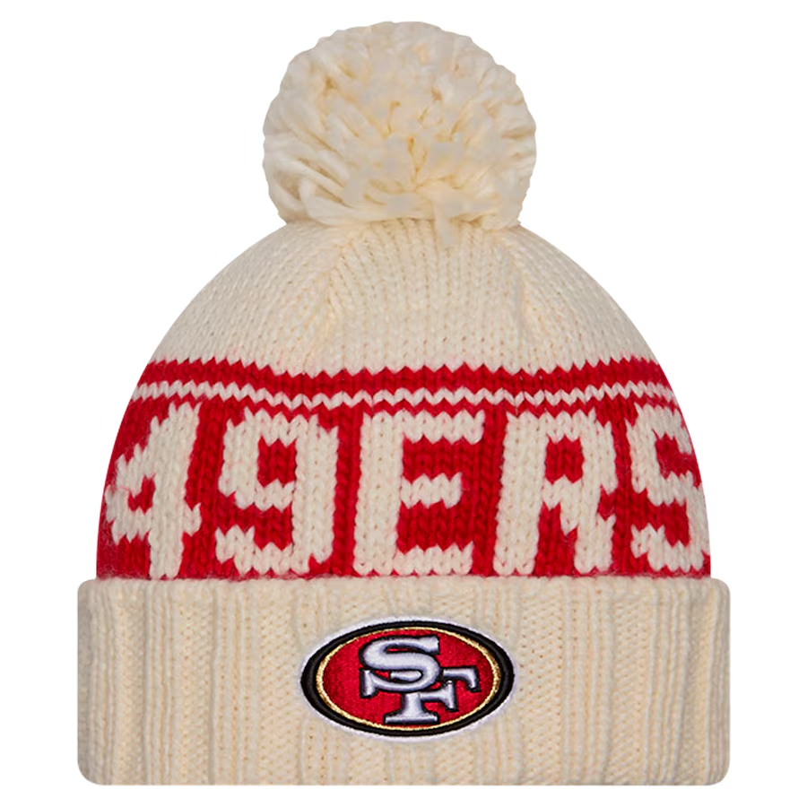 SAN FRANCISCO 49ERS WOMEN'S 2024 NFL SIDELINE CUFFED KNIT BEANIE WITH POM - CREAM