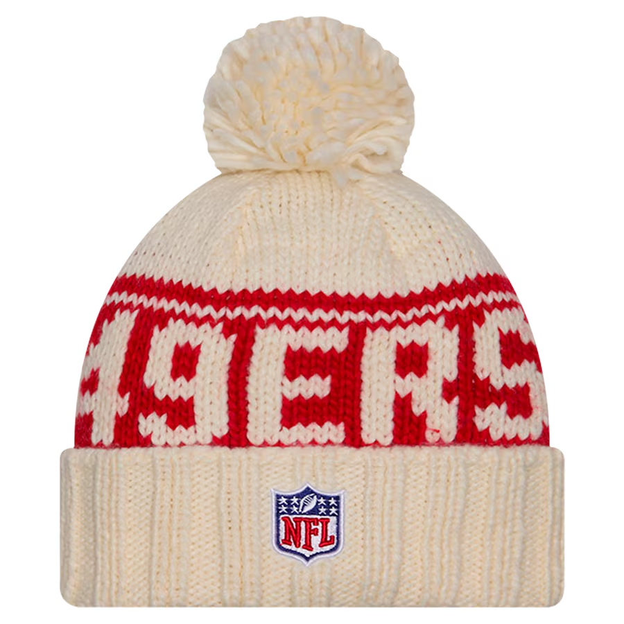 SAN FRANCISCO 49ERS WOMEN'S 2024 NFL SIDELINE CUFFED KNIT BEANIE WITH POM - CREAM