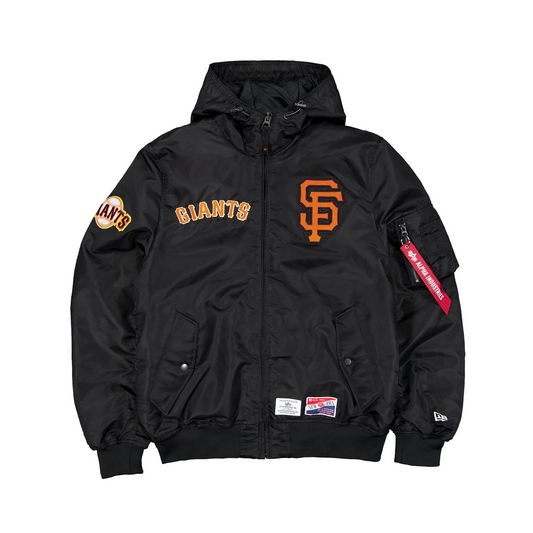 SAN FRANCISCO GIANTS MEN'S NEWERA X ALPHA INDUSTRIES L-2B HOODED BOMBER JACKET - BLACK