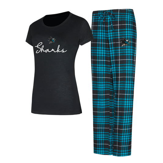 SAN JOSE SHARKS WOMEN'S VECTOR T-SHIRT & FLANNEL PANT SLEEPWEAR SET - BLACK/TEAL