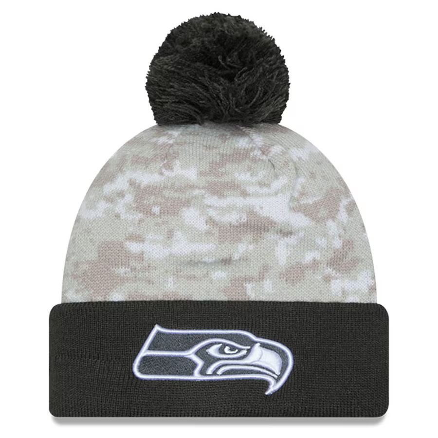 SEATTLE SEAHAWKS 2024 NFL SALUTE TO SERVICE CUFFED KNIT BEANIE WITH POM - ARTIC WHITE/GRAPHITE