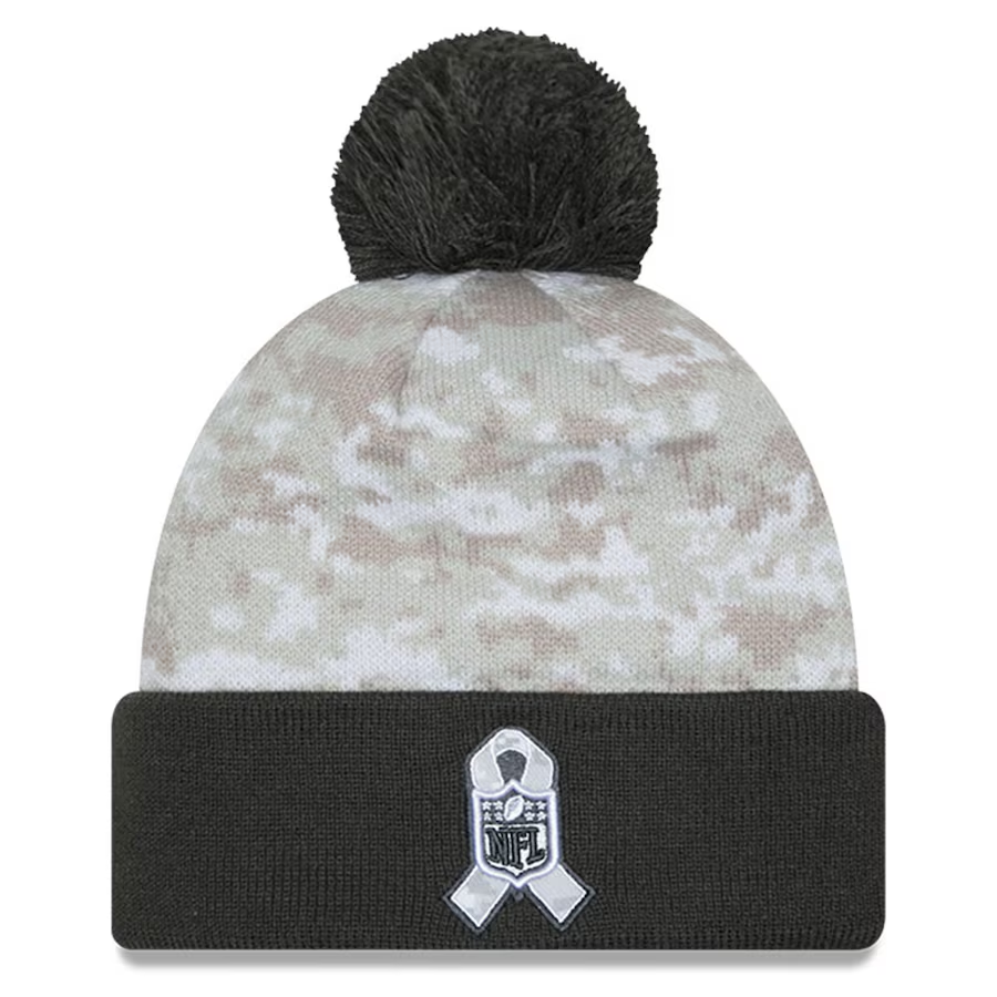 SEATTLE SEAHAWKS 2024 NFL SALUTE TO SERVICE CUFFED KNIT BEANIE WITH POM - ARTIC WHITE/GRAPHITE