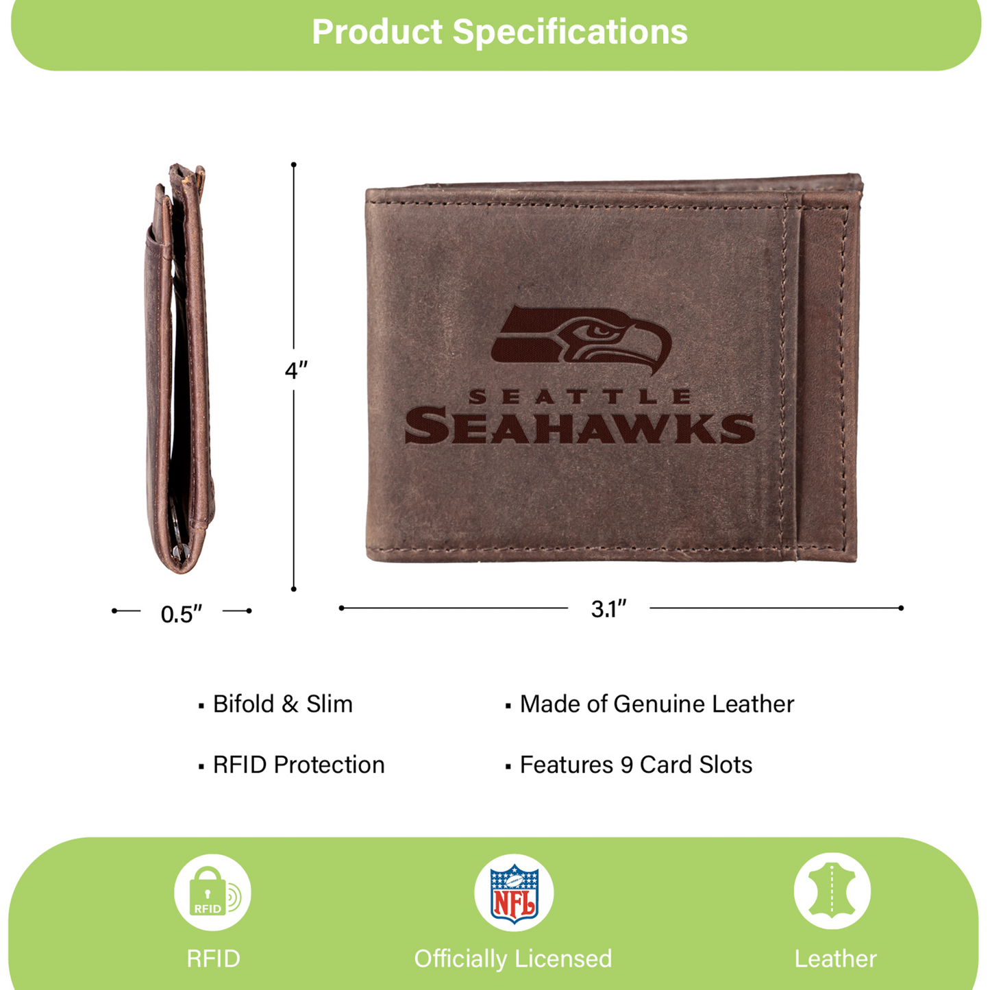 SEATTLE SEAHAWKS FRONT POCKET SLIM CARD HOLDER WITH RFID BLOCKING