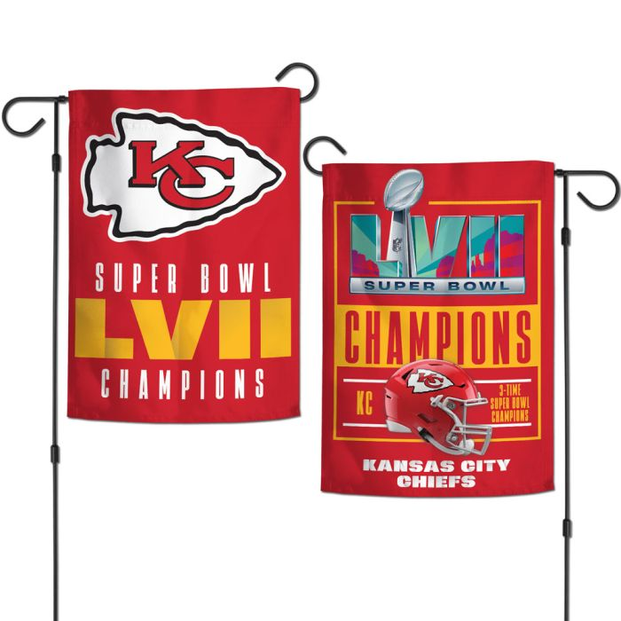 KANSAS CITY CHIEFS SUPER BOWL LVII CHAMPIONS BANDERA DE JARDÍN DE 2 CARAS 12.5" X 18"