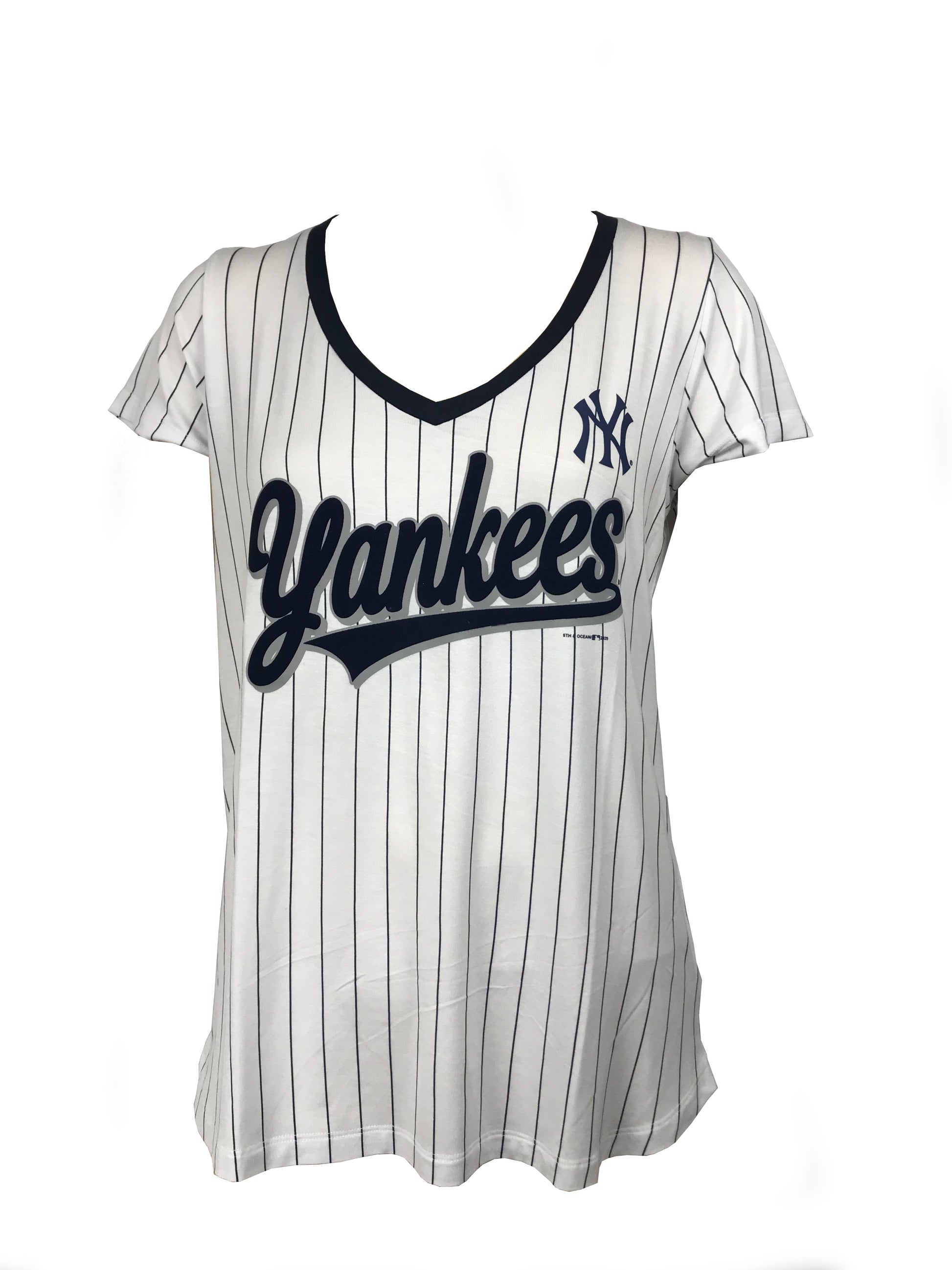 Women's Navy New York Yankees Pinstripe Logo V-Neck T-Shirt